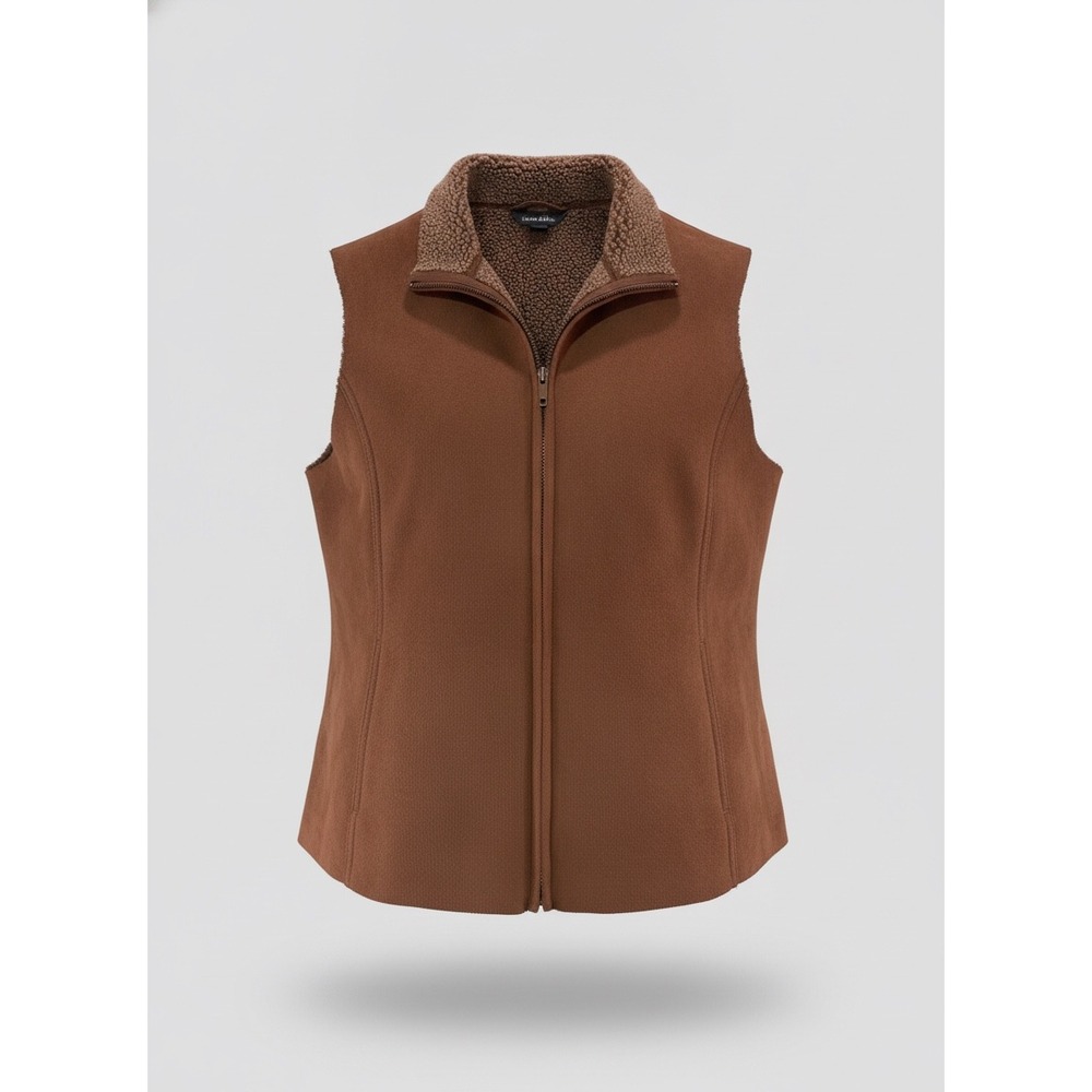 Lands End Mens Faux Suede Fleece Lined Vest Brown Full Zip Mock Neck 14-16